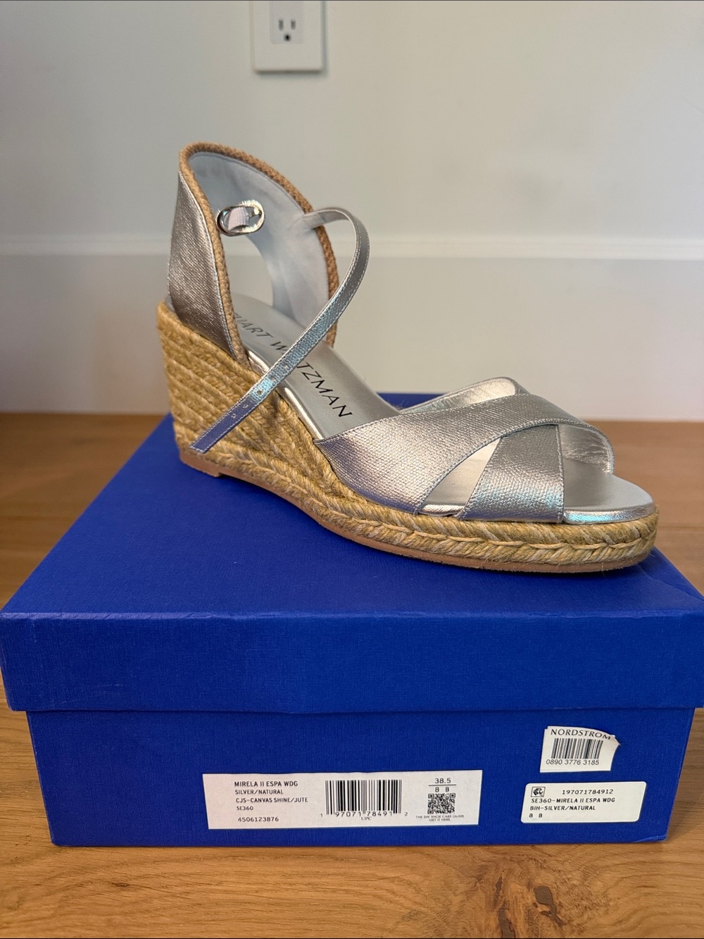 Stuart Weitzman Metallic Silver Espadrille Wedge Sandals NWT